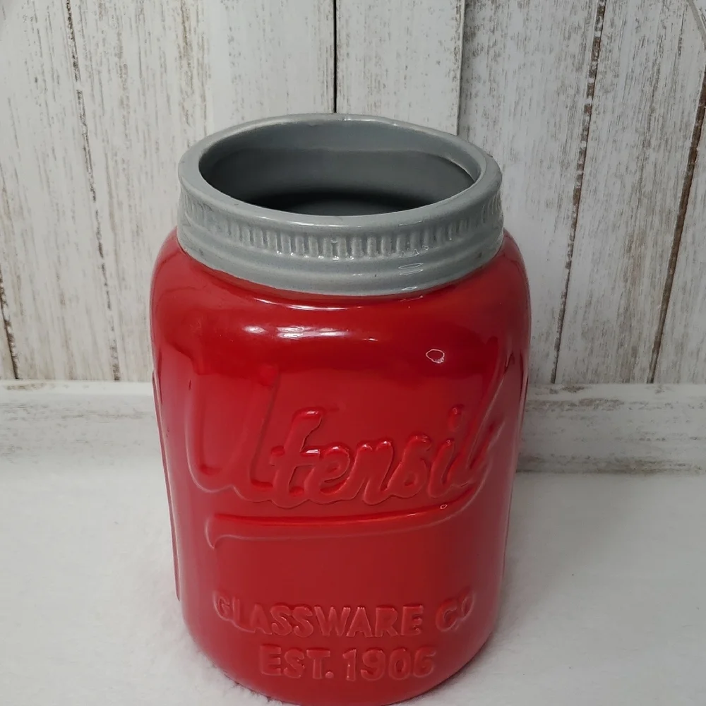 Red Ceramic Mason Jar Utensil Holder for Kitchen Counter Organizer